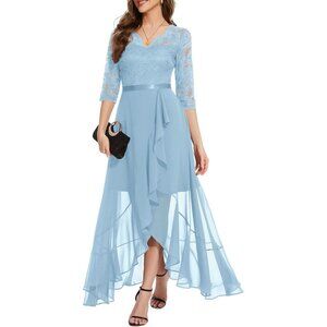 Women's A-sky Blue V-Neck  Hi-Lo Floral Lace Prom Cocktail Party Formal Dress